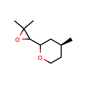 Chemical structure of (4S)-2-(3,3-dimethyloxiran-2-yl)-4-methyltetrahydro-2H-pyran , CAS 1604729-40-9, AChemBlock Q57857
