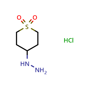 Chemical structure of 4-hydrazineyltetrahydro-2H-thiopyran 1,1-dioxide hydrochloride , CAS 1432678-30-2, AChemBlock Q57899