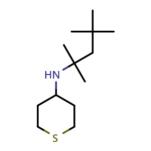 Chemical structure of N-(2,4,4-trimethylpentan-2-yl)tetrahydro-2H-thiopyran-4-amine , CAS 1154641-24-3, AChemBlock Q57911