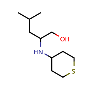 Chemical structure of 4-methyl-2-((tetrahydro-2H-thiopyran-4-yl)amino)pentan-1-ol , CAS 1247632-96-7, AChemBlock Q57920