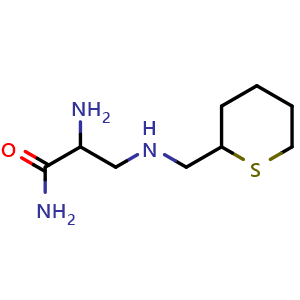 Chemical structure of 2-amino-3-(((tetrahydro-2H-thiopyran-2-yl)methyl)amino)propanamide , CAS 1697133-73-5, AChemBlock Q58004