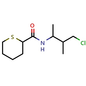 Chemical structure of N-(4-Chloro-3-methylbutan-2-yl)tetrahydro-2H-thiopyran-2-carboxamide , CAS 1593783-97-1, AChemBlock Q58012