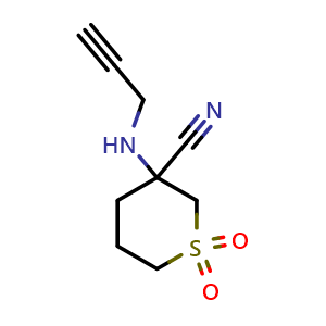 Chemical structure of 3-(prop-2-yn-1-ylamino)tetrahydro-2H-thiopyran-3-carbonitrile 1,1-dioxide , CAS 1339320-66-9, AChemBlock Q58014