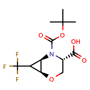 Chemical structure of (1S,4S,6R)-5-(tert-butoxycarbonyl)-7-(trifluoromethyl)-2-oxa-5-azabicyclo[4.1.0]heptane-4-carboxylic acid , CAS 1955485-23-0, AChemBlock Q58021