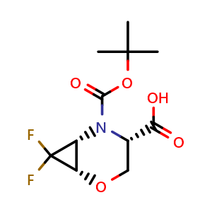 Chemical structure of (1S,4S,6R)-5-(tert-butoxycarbonyl)-7,7-difluoro-2-oxa-5-azabicyclo[4.1.0]heptane-4-carboxylic acid , CAS 1955473-86-5, AChemBlock Q58029