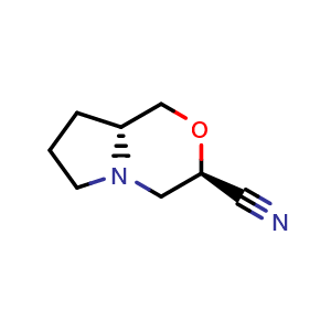 Chemical structure of (3R,8aR)-hexahydro-1H-pyrrolo[2,1-c][1,4]oxazine-3-carbonitrile , CAS 1461689-31-5, AChemBlock Q58042