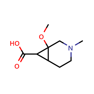 Chemical structure of 1-methoxy-3-methyl-3-azabicyclo[4.1.0]heptane-7-carboxylic acid , CAS 1251925-13-9, AChemBlock Q58083