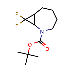 Chemical structure of tert-butyl 8,8-difluoro-2-azabicyclo[5.1.0]octane-2-carboxylate , CAS 1704724-77-5, AChemBlock Q58086