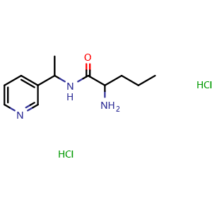 Chemical structure of 2-amino-N-(1-(pyridin-3-yl)ethyl)pentanamide dihydrochloride , CAS 1423027-88-6, AChemBlock Q58314