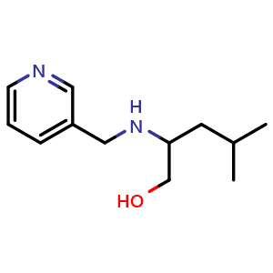 Chemical structure of 4-methyl-2-((pyridin-3-ylmethyl)amino)pentan-1-ol , CAS 1250726-63-6, AChemBlock Q58339