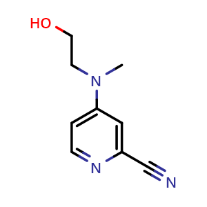 Chemical structure of 4-((2-hydroxyethyl)(methyl)amino)picolinonitrile , CAS 1341051-97-5, AChemBlock Q58425