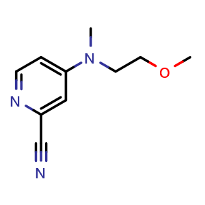 Chemical structure of 4-((2-methoxyethyl)(methyl)amino)picolinonitrile , CAS 1342241-76-2, AChemBlock Q58429