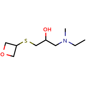 Chemical structure of 1-(ethyl(methyl)amino)-3-(oxetan-3-ylthio)propan-2-ol , CAS 1863523-29-8, AChemBlock Q58454