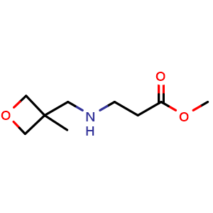Chemical structure of methyl 3-(((3-methyloxetan-3-yl)methyl)amino)propanoate , CAS 1341731-32-5, AChemBlock Q58500