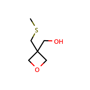 Chemical structure of (3-((methylthio)methyl)oxetan-3-yl)methanol , CAS 1849316-00-2, AChemBlock Q58502