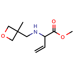 Chemical structure of methyl 2-(((3-methyloxetan-3-yl)methyl)amino)but-3-enoate , CAS 1700330-94-4, AChemBlock Q58506