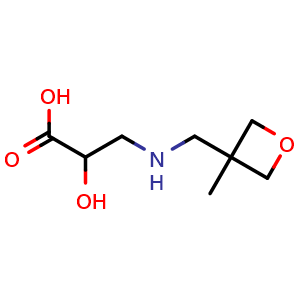 Chemical structure of 2-hydroxy-3-(((3-methyloxetan-3-yl)methyl)amino)propanoic acid , CAS 1865532-45-1, AChemBlock Q58508