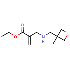 Chemical structure of ethyl 2-((((3-methyloxetan-3-yl)methyl)amino)methyl)acrylate , CAS 1695006-72-4, AChemBlock Q58514