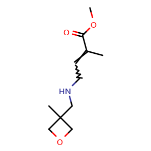 Chemical structure of methyl 2-methyl-4-(((3-methyloxetan-3-yl)methyl)amino)but-2-enoate , CAS 1704309-15-8, AChemBlock Q58515