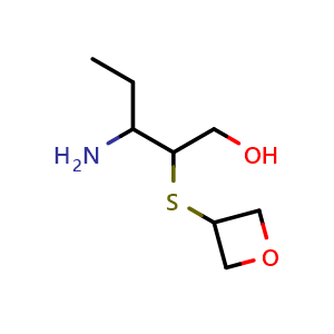 Chemical structure of 3-amino-2-(oxetan-3-ylthio)pentan-1-ol , CAS 1565413-39-9, AChemBlock Q58516