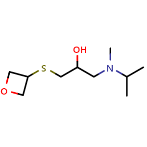 Chemical structure of 1-(isopropyl(methyl)amino)-3-(oxetan-3-ylthio)propan-2-ol , CAS 1862485-38-8, AChemBlock Q58517