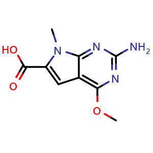 Chemical structure of 2-Amino-4-methoxy-7-methyl-7H-pyrrolo[2,3-d]pyrimidine-6-carboxylic acid , CAS 929974-18-5, AChemBlock Q58539