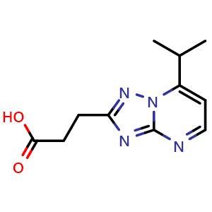 Chemical structure of 3-(7-isopropyl-[1,2,4]triazolo[1,5-a]pyrimidin-2-yl)propanoic acid , CAS 1245808-02-9, AChemBlock Q58556