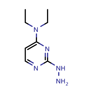 Chemical structure of N,N-diethyl-2-hydrazineylpyrimidin-4-amine , CAS 1211430-85-1, AChemBlock Q58597