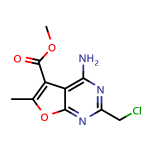 Chemical structure of methyl 4-amino-2-(chloromethyl)-6-methylfuro[2,3-d]pyrimidine-5-carboxylate , CAS 1000933-85-6, AChemBlock Q58621