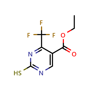 Chemical structure of ethyl 2-mercapto-4-(trifluoromethyl)pyrimidine-5-carboxylate , CAS 676438-98-5, AChemBlock Q58622