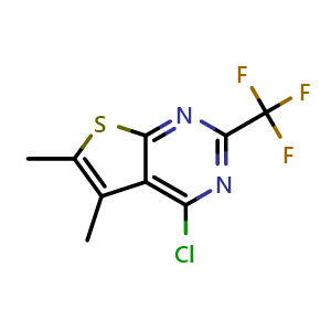 Chemical structure of 4-chloro-5,6-dimethyl-2-(trifluoromethyl)thieno[2,3-d]pyrimidine , CAS 1146290-49-4, AChemBlock Q58630