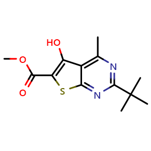 Chemical structure of methyl 2-(tert-butyl)-5-hydroxy-4-methylthieno[2,3-d]pyrimidine-6-carboxylate , CAS 941378-53-6, AChemBlock Q58632