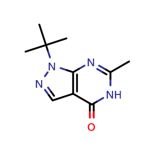 Chemical structure of 1-(tert-butyl)-6-methyl-1,5-dihydro-4H-pyrazolo[3,4-d]pyrimidin-4-one , CAS 1094253-40-3, AChemBlock Q58647