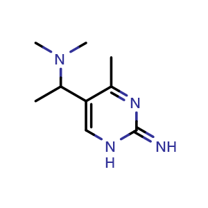 Chemical structure of 1-(2-imino-4-methyl-1,2-dihydropyrimidin-5-yl)-N,N-dimethylethan-1-amine , CAS 1315368-44-5, AChemBlock Q58651