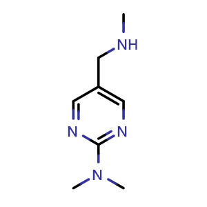 Chemical structure of N,N-dimethyl-5-((methylamino)methyl)pyrimidin-2-amine , CAS 1339903-62-6, AChemBlock Q58658