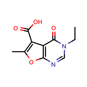 Chemical structure of 3-ethyl-6-methyl-4-oxo-3,4-dihydrofuro[2,3-d]pyrimidine-5-carboxylic acid , CAS 1023815-59-9, AChemBlock Q58663