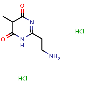 Chemical structure of 2-(2-aminoethyl)-5-methylpyrimidine-4,6(1H,5H)-dione dihydrochloride , CAS 1423027-89-7, AChemBlock Q58691