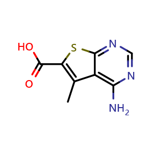 Chemical structure of 4-amino-5-methylthieno[2,3-d]pyrimidine-6-carboxylic acid , CAS 958785-70-1, AChemBlock Q58692