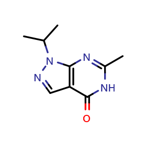 Chemical structure of 1-isopropyl-6-methyl-1,5-dihydro-4H-pyrazolo[3,4-d]pyrimidin-4-one , CAS 5494-83-7, AChemBlock Q58696