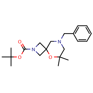 Chemical structure of tert-butyl 8-benzyl-6,6-dimethyl-5-oxa-2,8-diazaspiro[3.5]nonane-2-carboxylate , CAS 1803602-11-0, AChemBlock Q58790