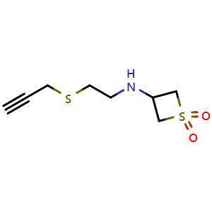 Chemical structure of 3-((2-(prop-2-yn-1-ylthio)ethyl)amino)thietane 1,1-dioxide , CAS 1862783-55-8, AChemBlock Q58836