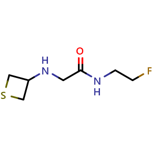 Chemical structure of N-(2-fluoroethyl)-2-(thietan-3-ylamino)acetamide , CAS 1871802-22-0, AChemBlock Q58839