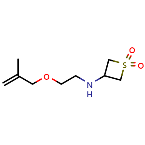 Chemical structure of 3-((2-((2-methylallyl)oxy)ethyl)amino)thietane 1,1-dioxide , CAS 1872958-52-5, AChemBlock Q58846