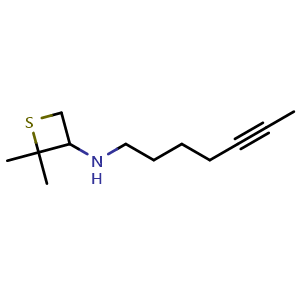 Chemical structure of N-(hept-5-yn-1-yl)-2,2-dimethylthietan-3-amine , CAS 1876672-78-4, AChemBlock Q58855