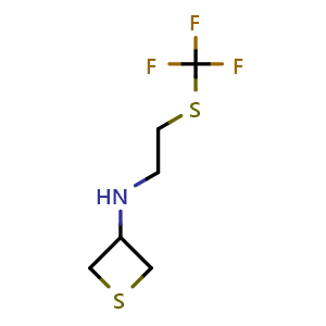 Chemical structure of N-(2-((trifluoromethyl)thio)ethyl)thietan-3-amine , CAS 1862906-22-6, AChemBlock Q58857