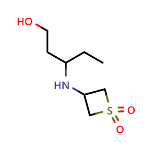 Chemical structure of 3-((1-hydroxypentan-3-yl)amino)thietane 1,1-dioxide , CAS 1855754-70-9, AChemBlock Q58885