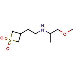 Chemical structure of 3-(2-((1-methoxypropan-2-yl)amino)ethyl)thietane 1,1-dioxide , CAS 1851898-62-8, AChemBlock Q58902