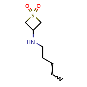 Chemical structure of 3-(Pent-3-en-1-ylamino)thietane 1,1-dioxide , CAS 1865882-94-5, AChemBlock Q58924