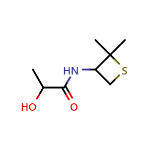 Chemical structure of N-(2,2-dimethylthietan-3-yl)-2-hydroxypropanamide , CAS 1880816-24-9, AChemBlock Q58933