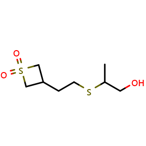Chemical structure of 3-(2-((1-hydroxypropan-2-yl)thio)ethyl)thietane 1,1-dioxide , CAS 1858752-83-6, AChemBlock Q58972
